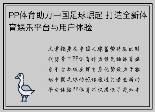 PP体育助力中国足球崛起 打造全新体育娱乐平台与用户体验